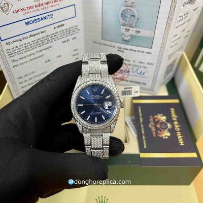 Đồng Hồ Rolex Super Fake BST Datejust 41 Blue Index Oyster Độ Kim Moissanite